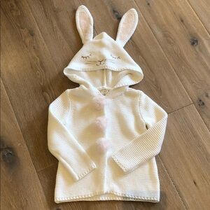 Max Studio 🐰 White Bunny Hooded Sweater with Pink Pom Poms
